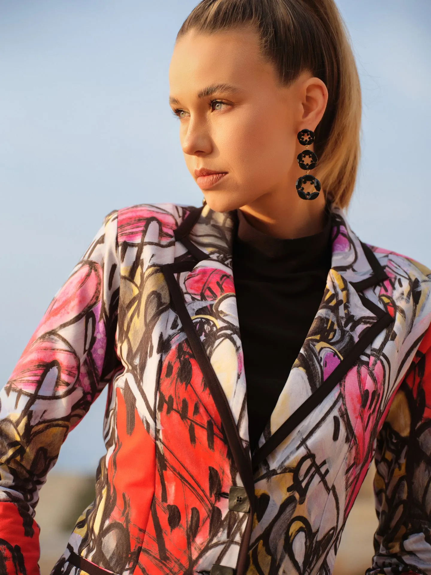 Watermelon Heart Fitted Blazer with Square Buttons Detail