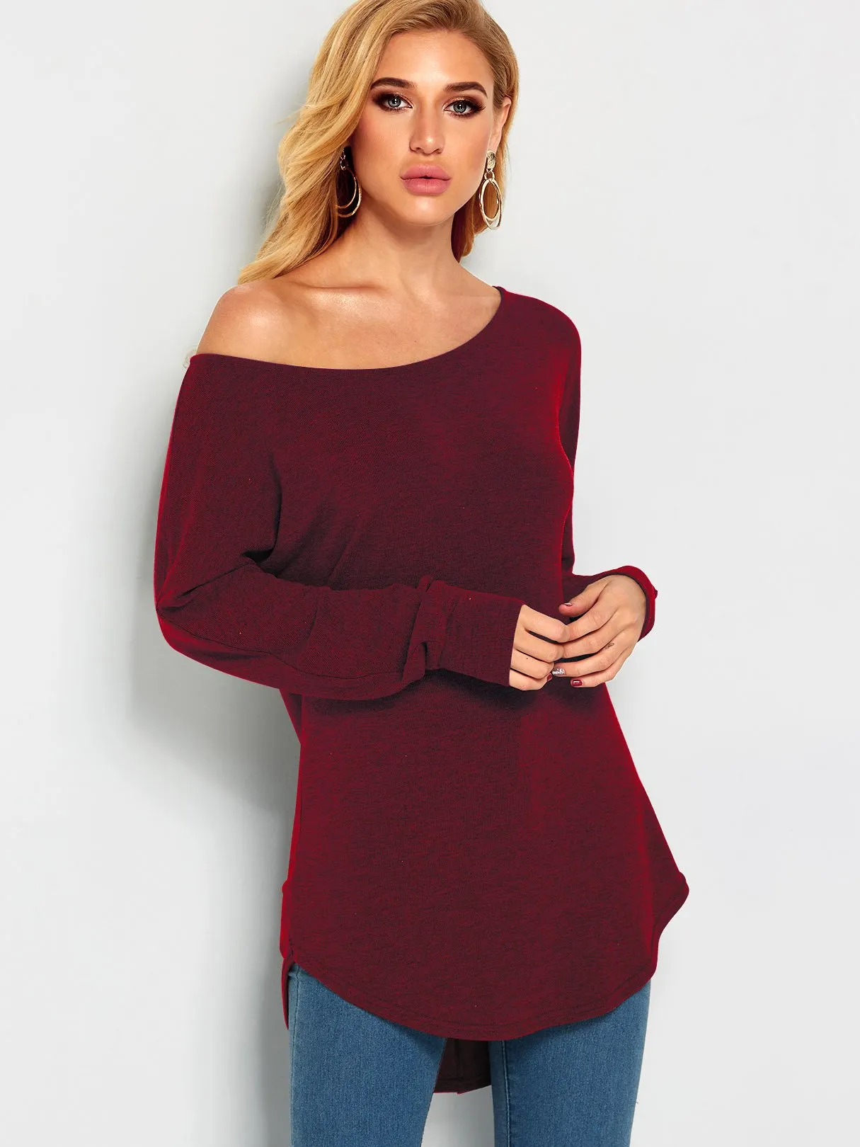 Wholesale One Shoulder Plain Long Sleeve Curved Hem Top