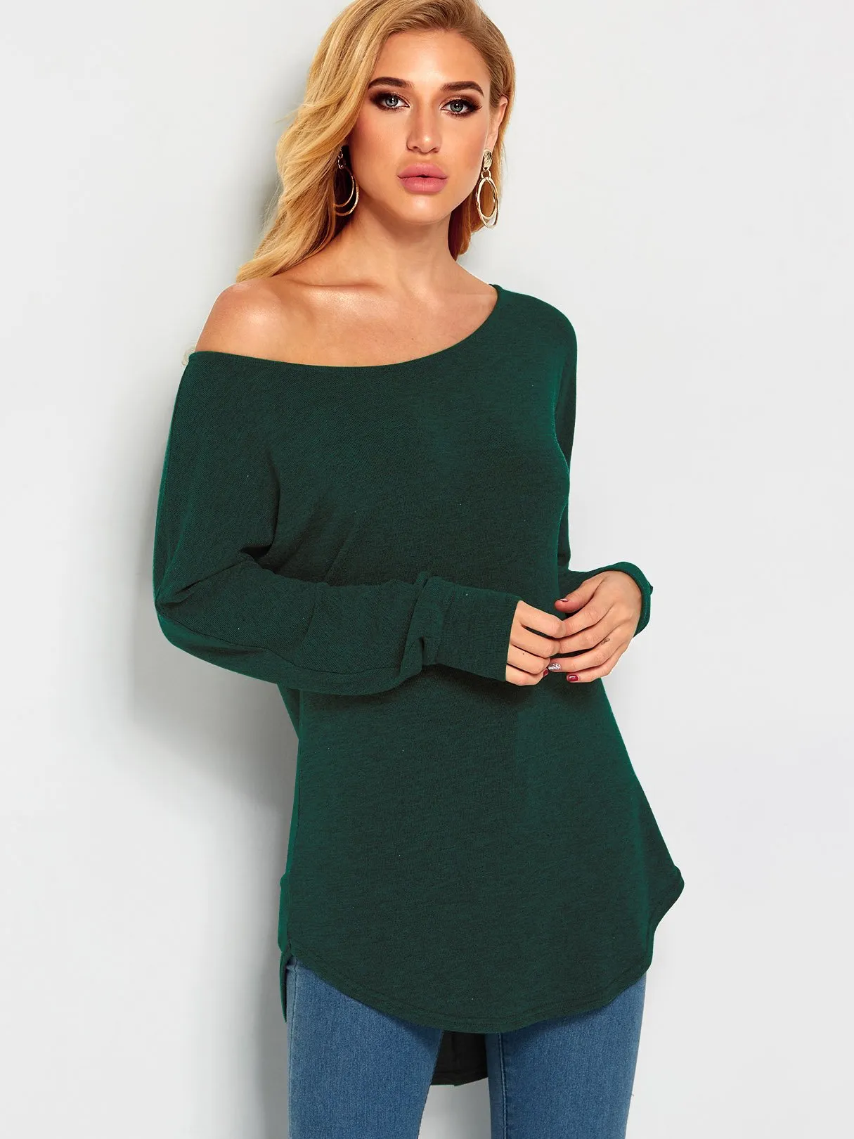 Wholesale One Shoulder Plain Long Sleeve Curved Hem Top