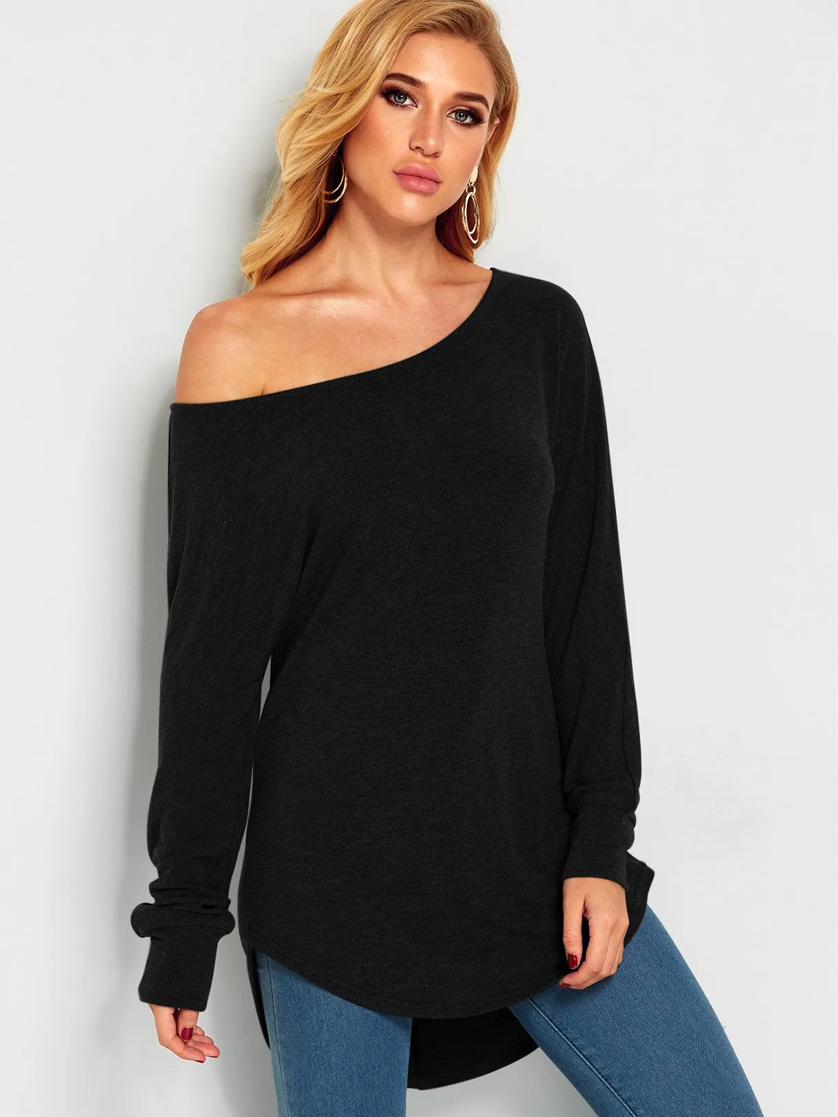 Wholesale One Shoulder Plain Long Sleeve Curved Hem Top