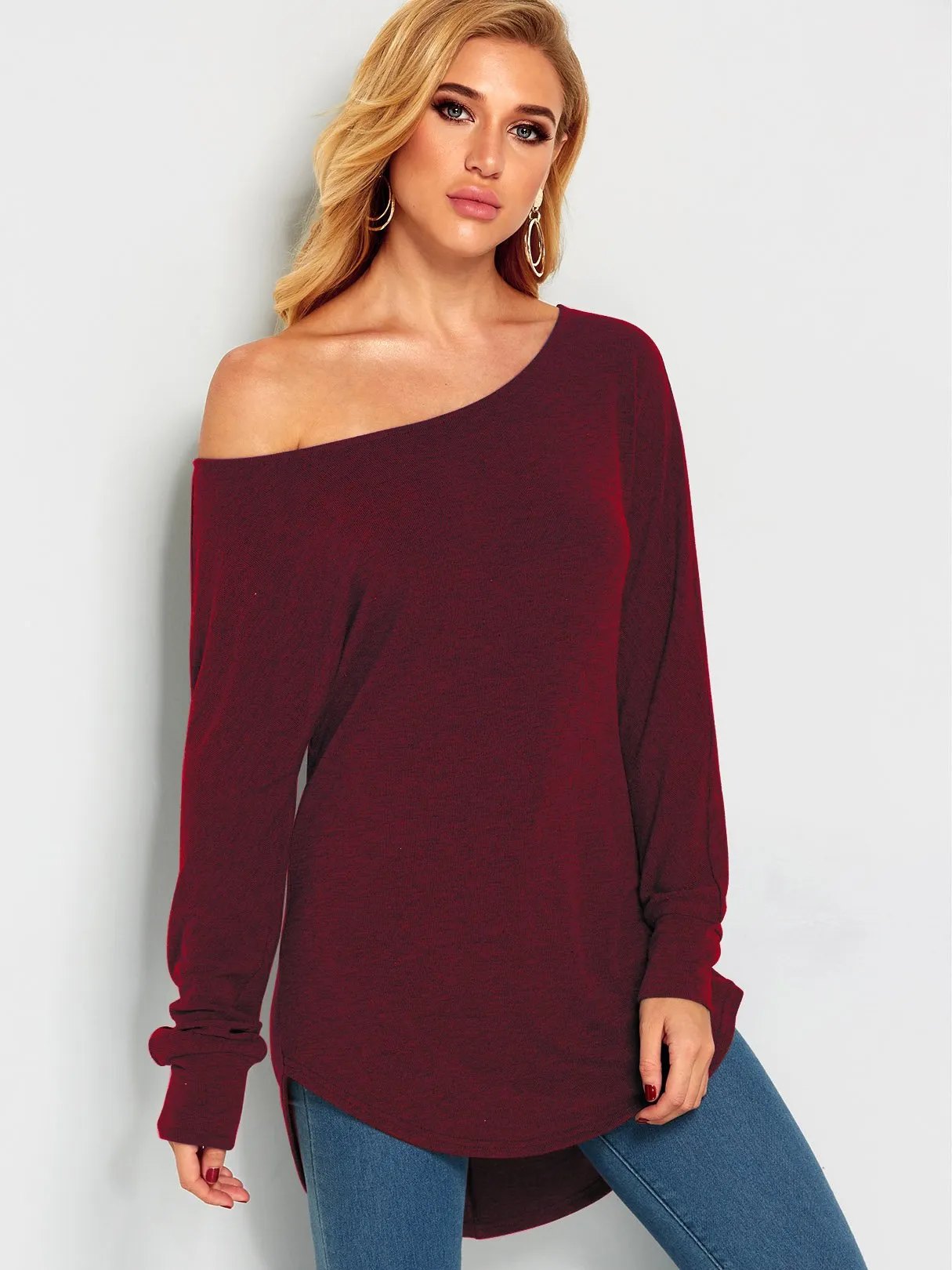 Wholesale One Shoulder Plain Long Sleeve Curved Hem Top