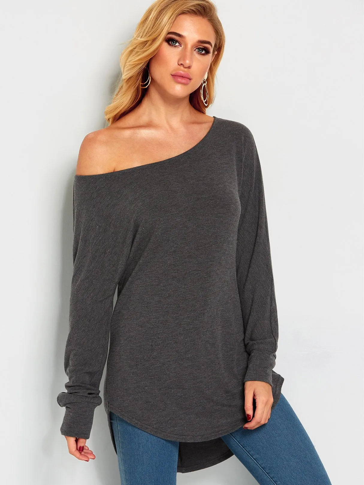 Wholesale One Shoulder Plain Long Sleeve Curved Hem Top