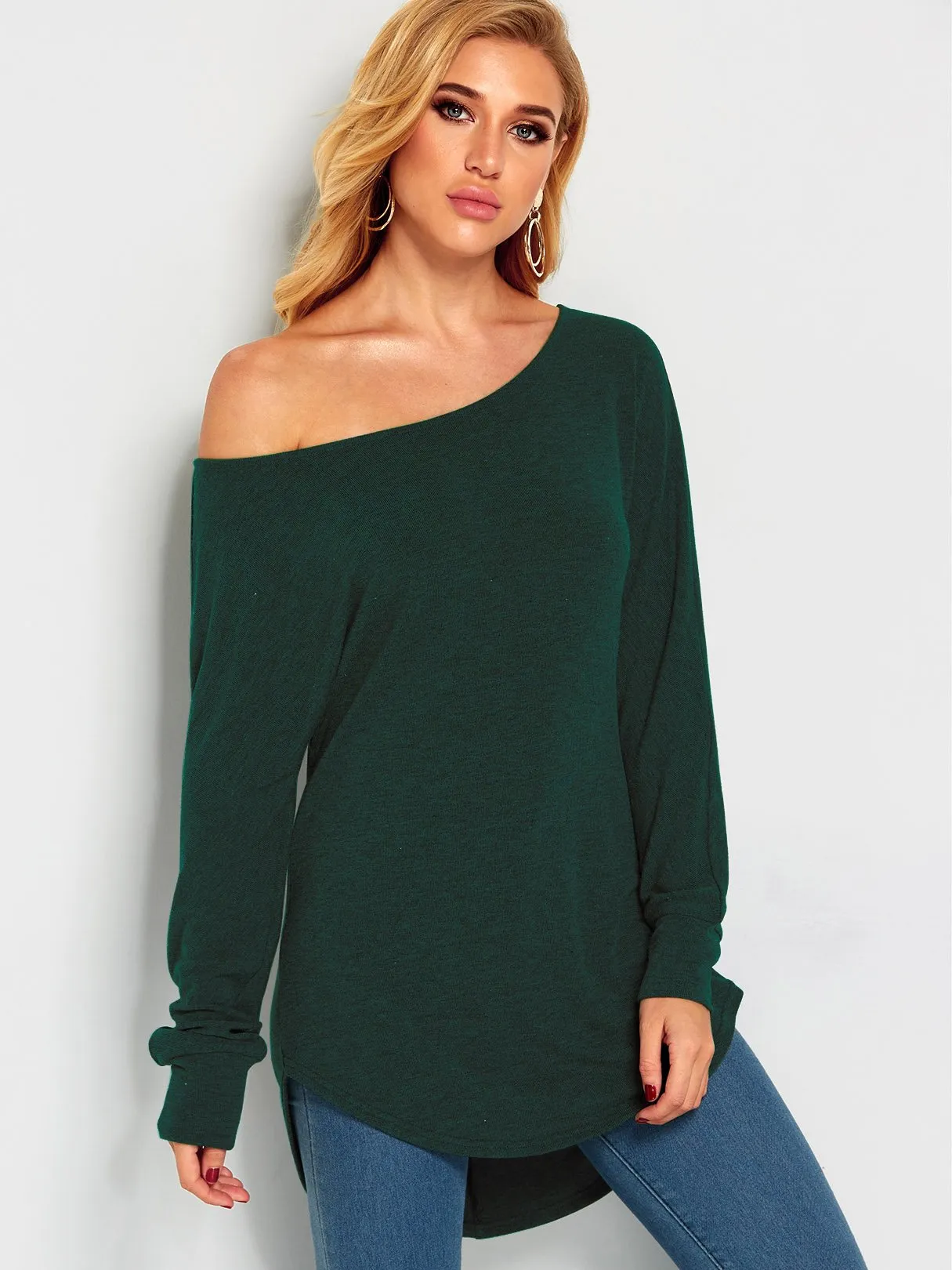 Wholesale One Shoulder Plain Long Sleeve Curved Hem Top