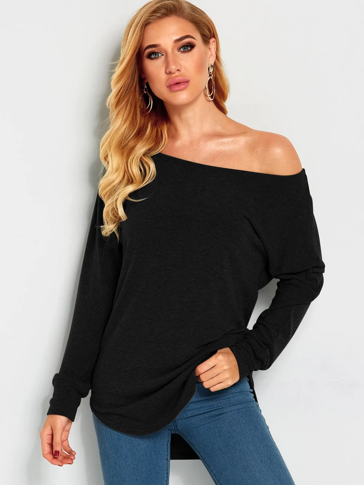 Wholesale One Shoulder Plain Long Sleeve Curved Hem Top