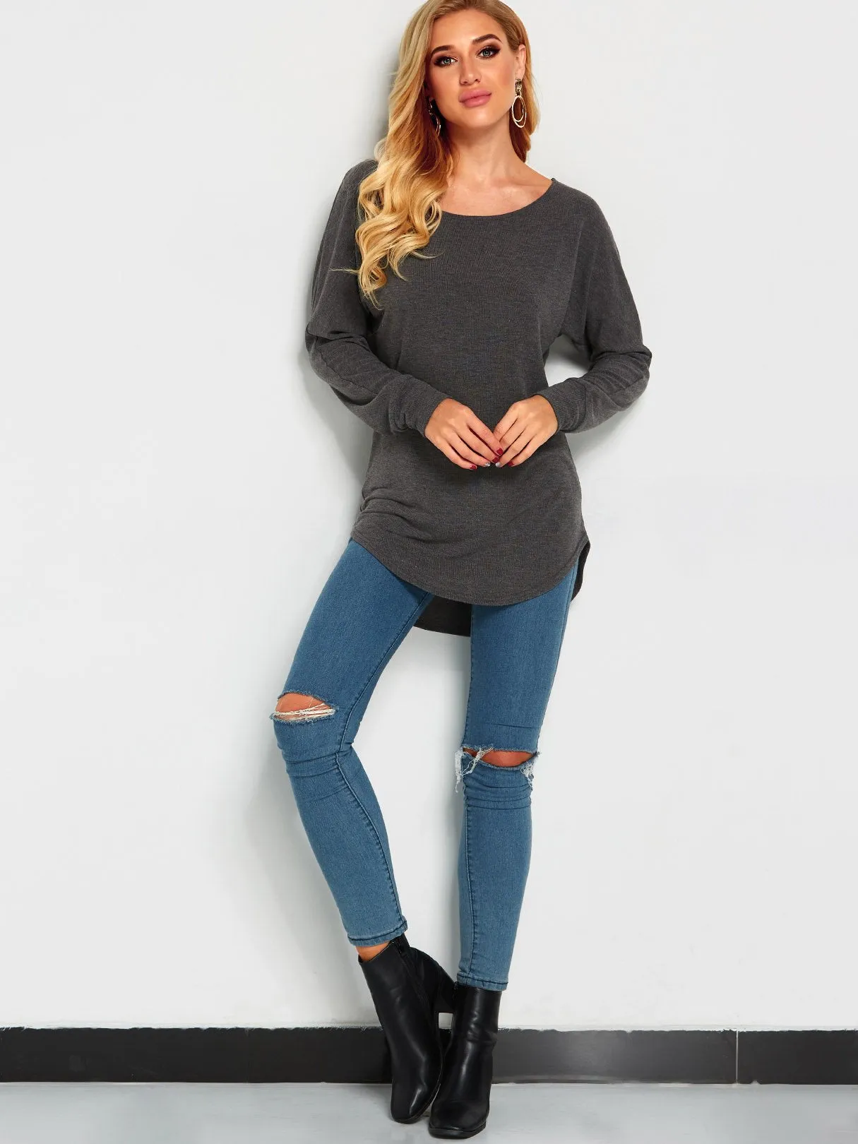 Wholesale One Shoulder Plain Long Sleeve Curved Hem Top