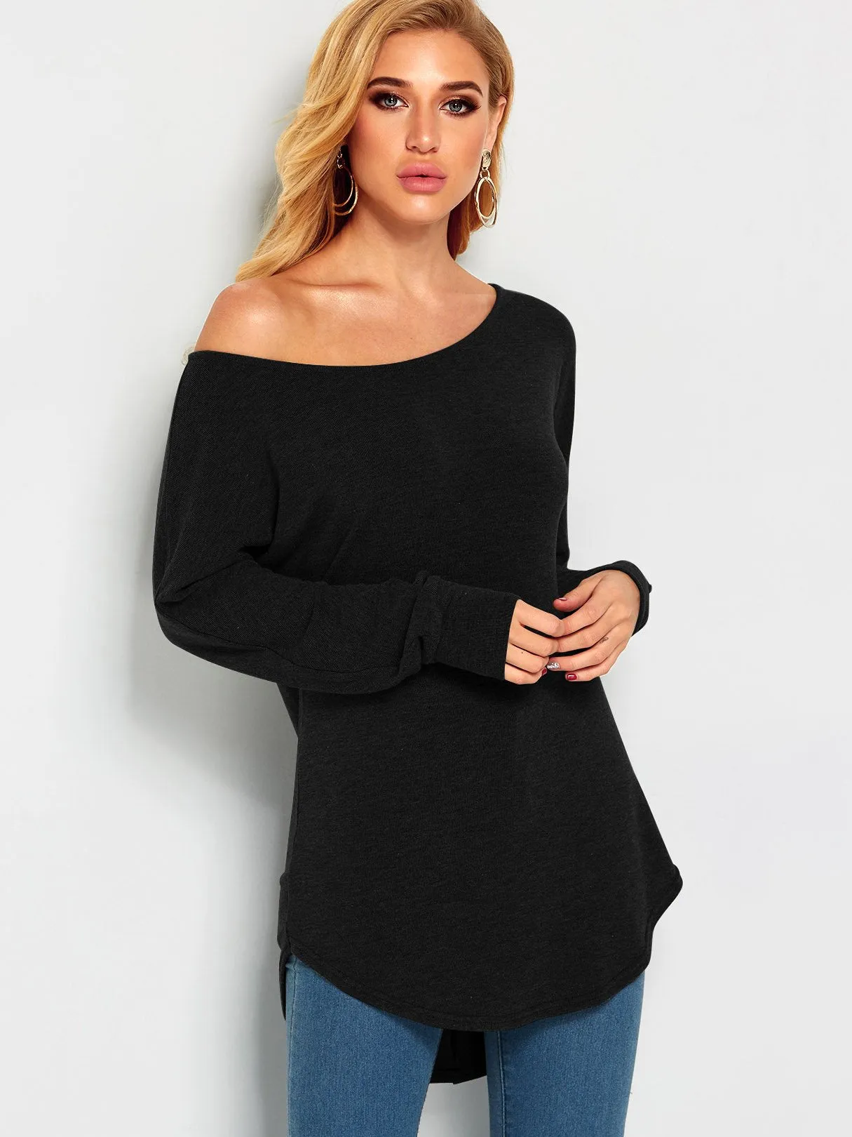 Wholesale One Shoulder Plain Long Sleeve Curved Hem Top