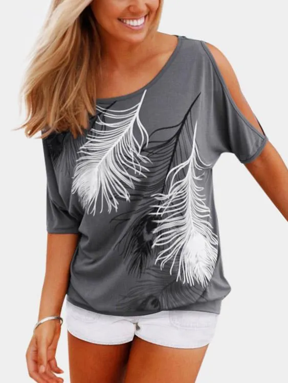 Wholesale Round Neck Cold Shoulder Short Sleeve Printed T-Shirts