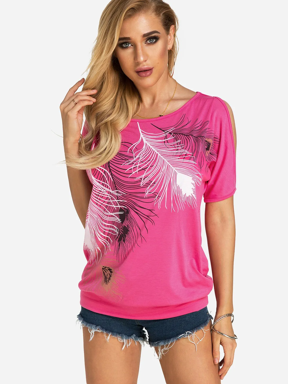 Wholesale Round Neck Cold Shoulder Short Sleeve Printed T-Shirts