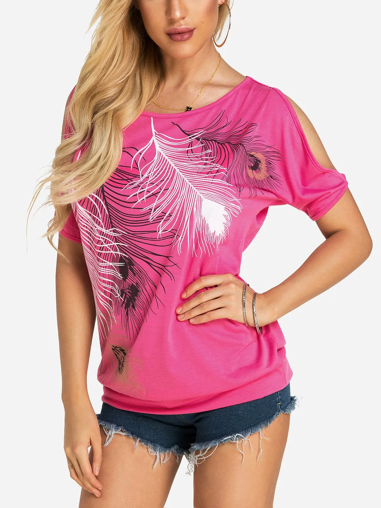 Wholesale Round Neck Cold Shoulder Short Sleeve Printed T-Shirts
