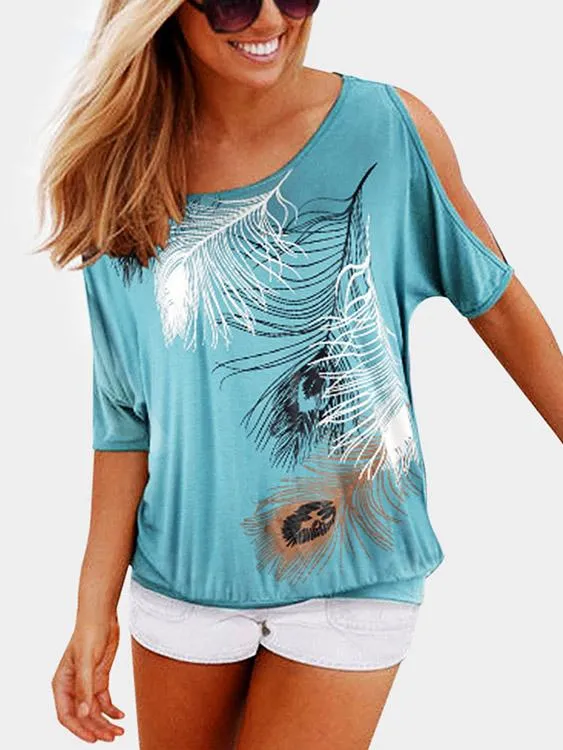 Wholesale Round Neck Cold Shoulder Short Sleeve Printed T-Shirts