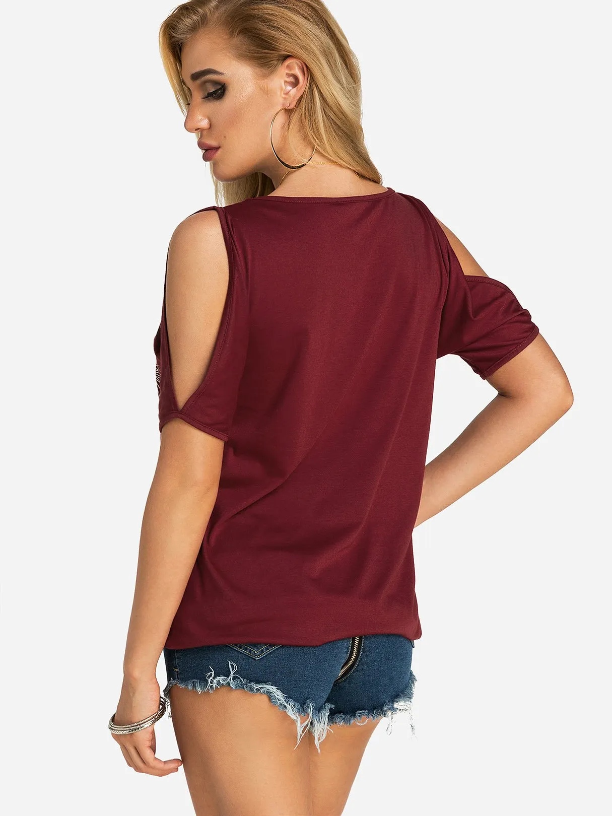 Wholesale Round Neck Cold Shoulder Short Sleeve Printed T-Shirts