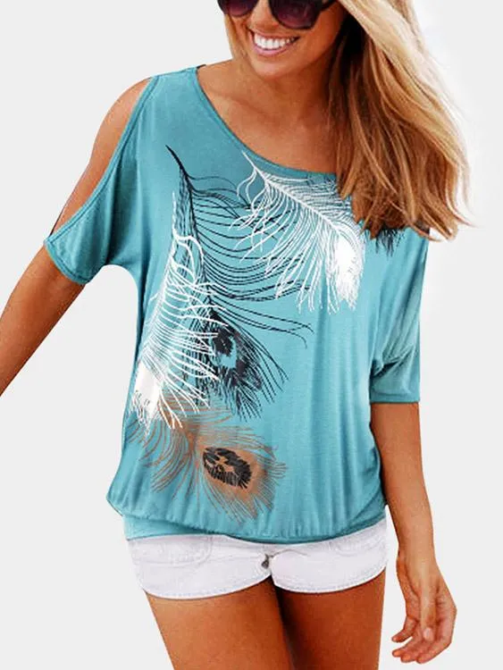 Wholesale Round Neck Cold Shoulder Short Sleeve Printed T-Shirts