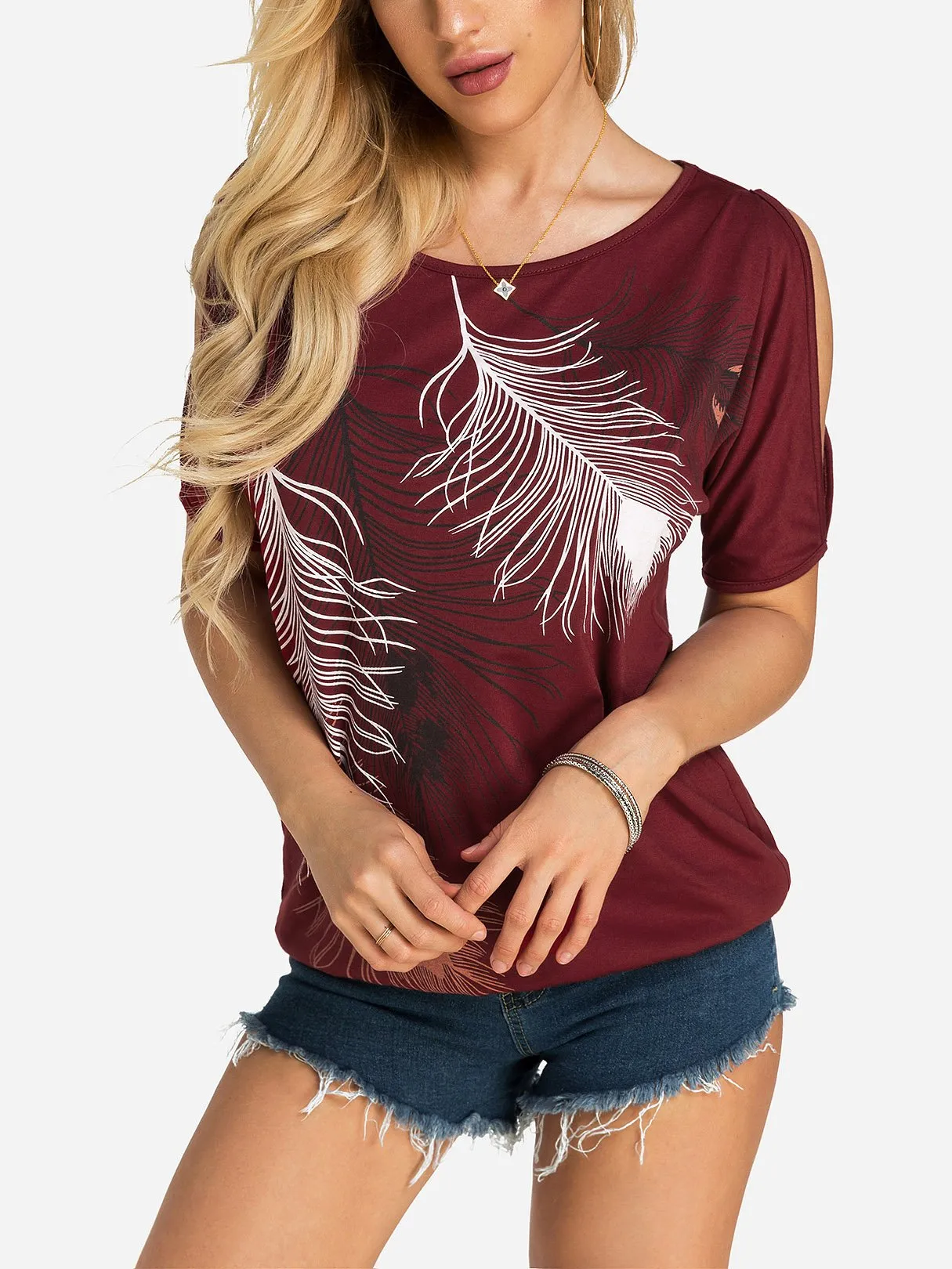 Wholesale Round Neck Cold Shoulder Short Sleeve Printed T-Shirts