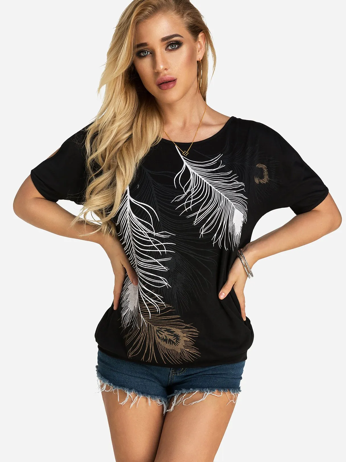 Wholesale Round Neck Cold Shoulder Short Sleeve Printed T-Shirts