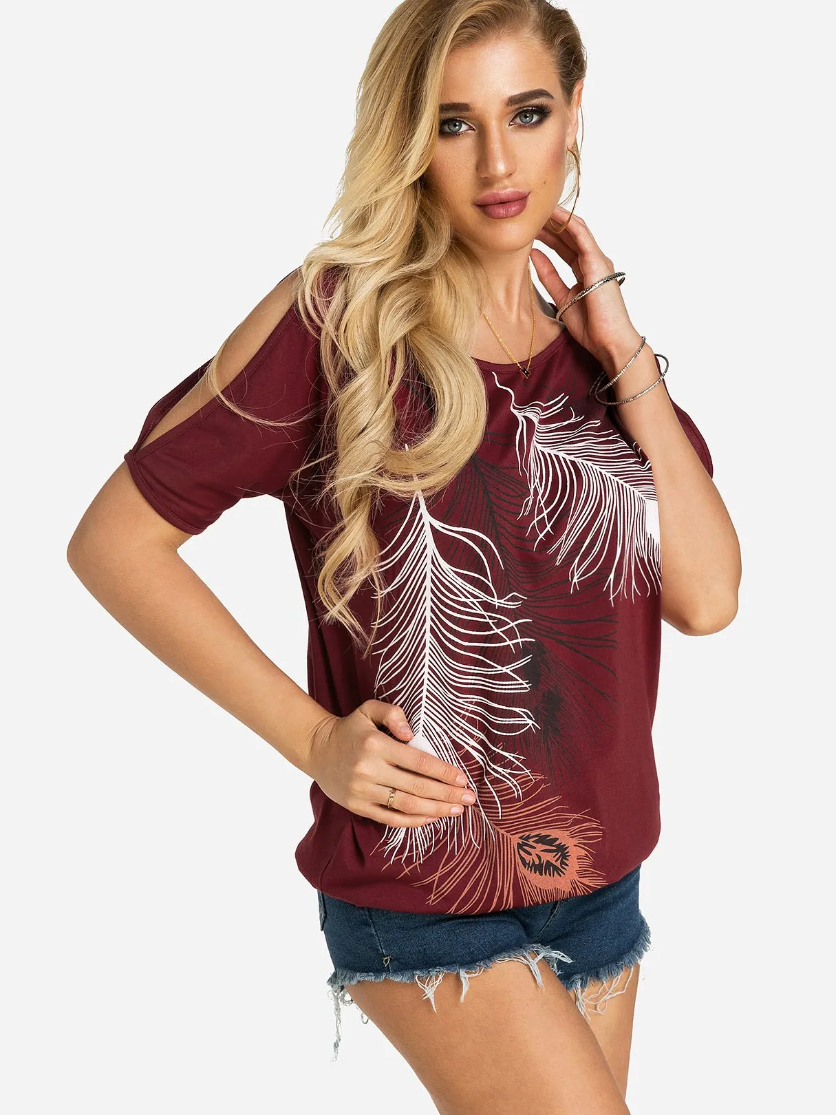 Wholesale Round Neck Cold Shoulder Short Sleeve Printed T-Shirts