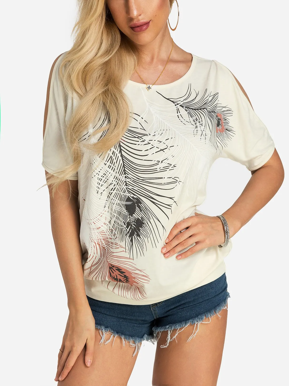 Wholesale Round Neck Cold Shoulder Short Sleeve Printed T-Shirts