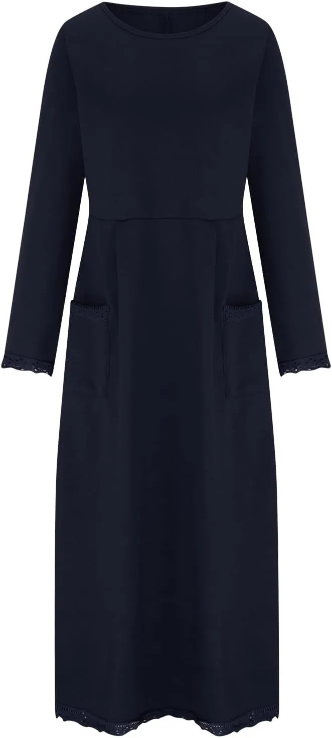 Womens Long Sleeve Sweatshirt Dress Elegant Lace Trim Maxi Dress Muslim Girl Spring Fall Autumn Winter Loose Dress