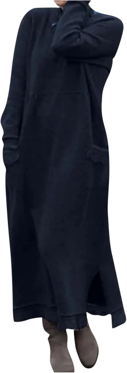 Womens Long Sleeve Sweatshirt Dress Elegant Lace Trim Maxi Dress Muslim Girl Spring Fall Autumn Winter Loose Dress