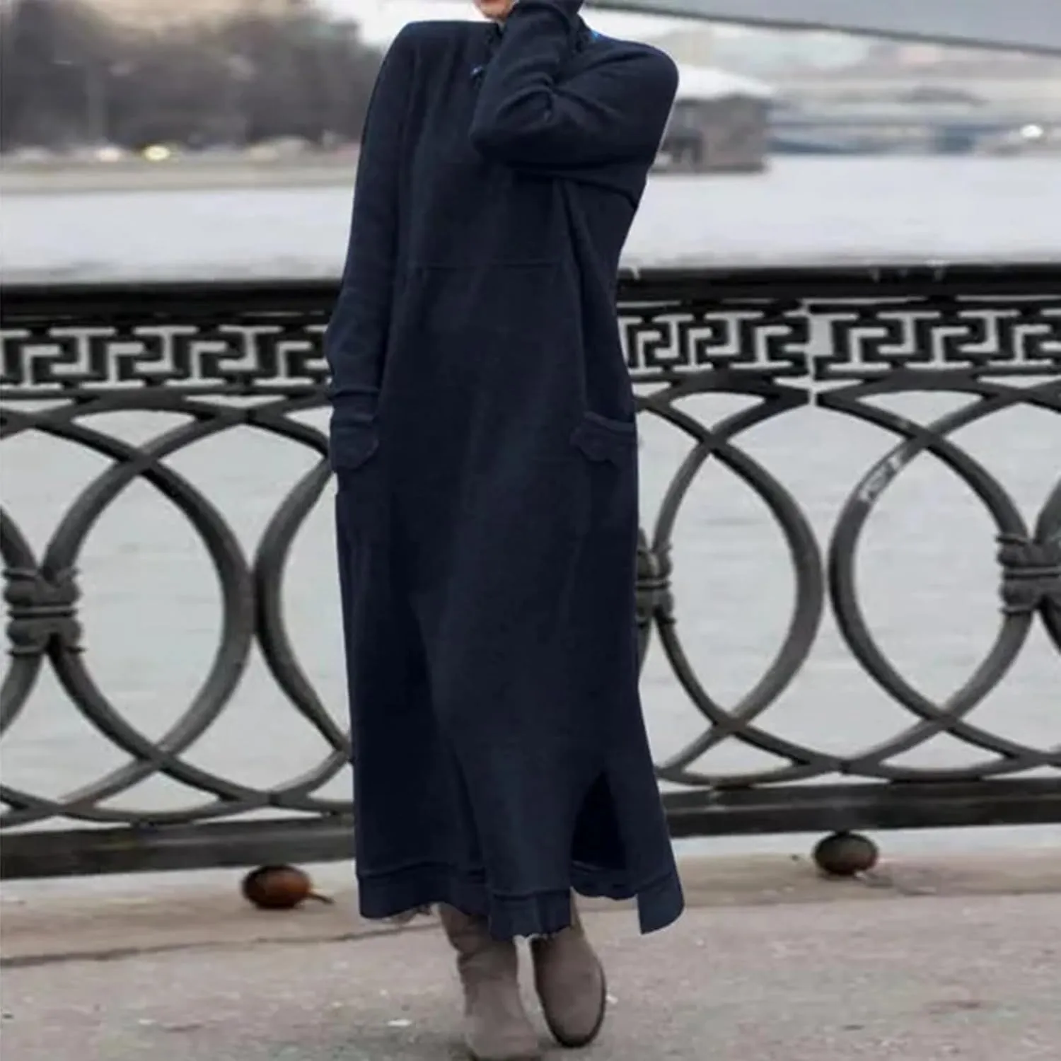 Womens Long Sleeve Sweatshirt Dress Elegant Lace Trim Maxi Dress Muslim Girl Spring Fall Autumn Winter Loose Dress
